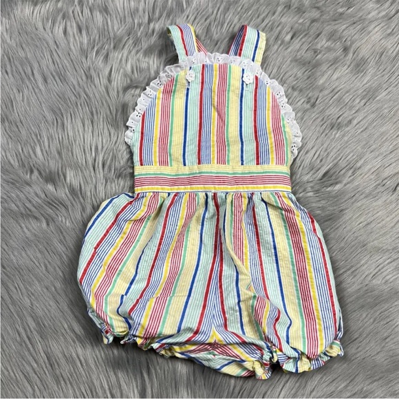Vintage Toddler Girls Primary Striped Ruffle Sunsuit Romper - Picture 1 of 13